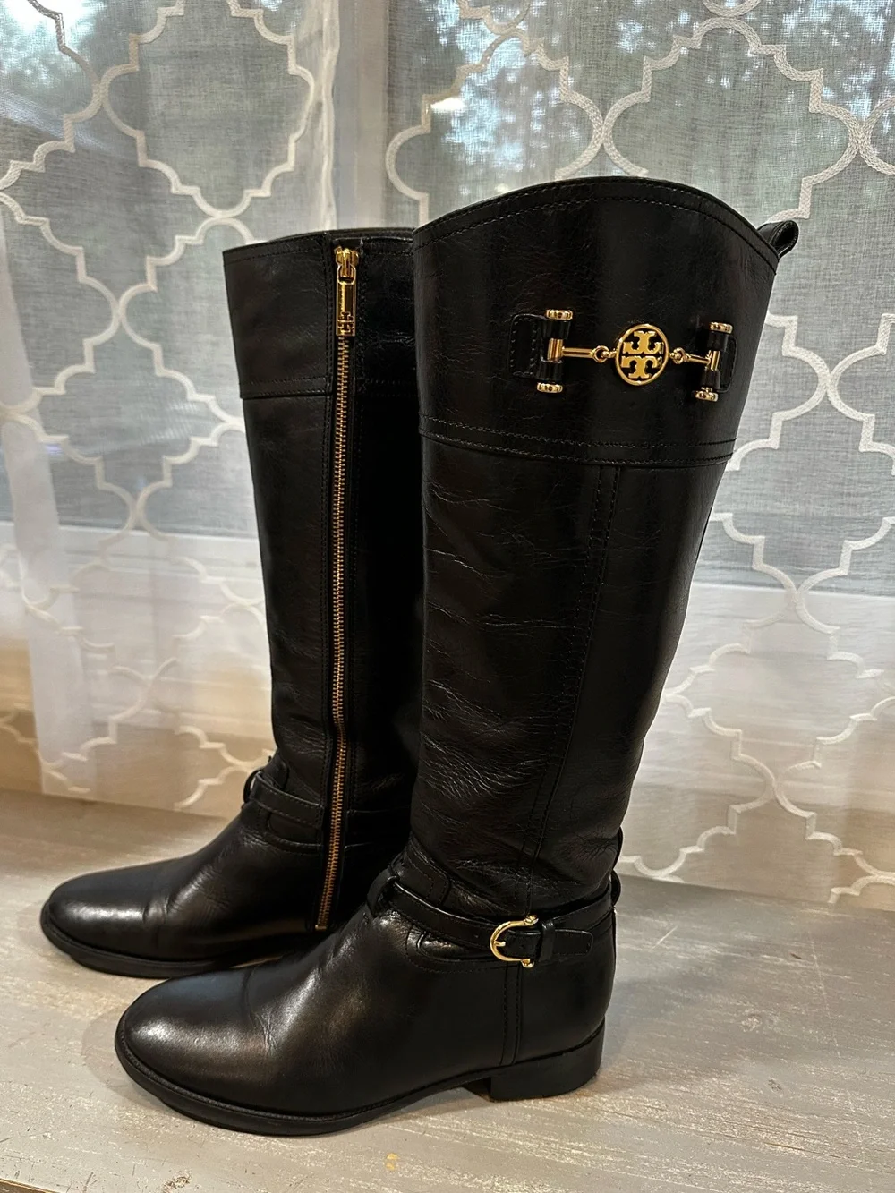 Tory Burch Nadine Black Leather Knee High Riding Boots Gold Logo Medallion 8